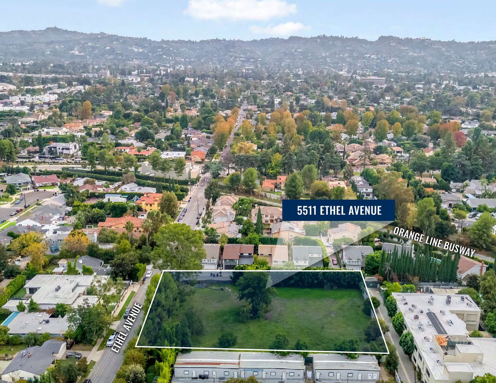 Labeled aerial of the parcel looking toward Burbank Boulevard