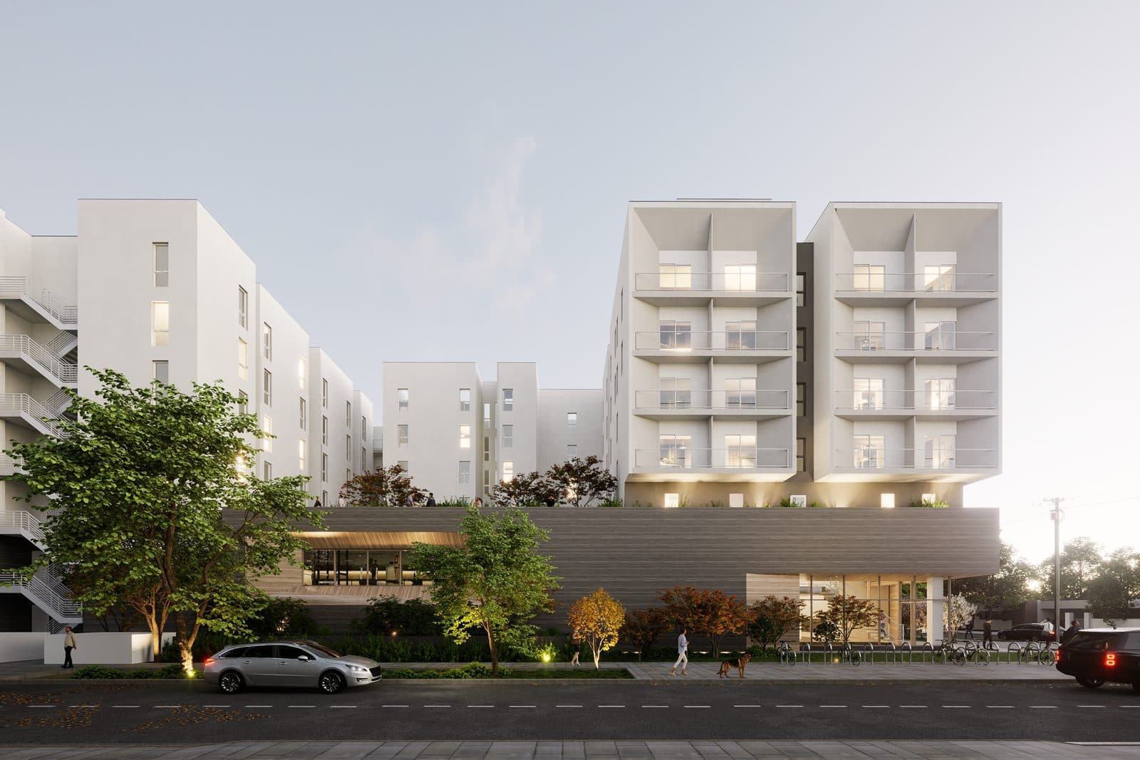 Rendering of the north elevation with the landscaped entry and amenity terrace